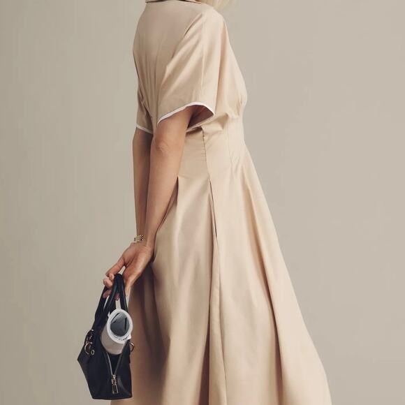 EXQUISE x ANTHROPOLOGIE |  Tobie Shirt Dress Pleated Waist Beige Tan White | XL - Picture 3 of 12